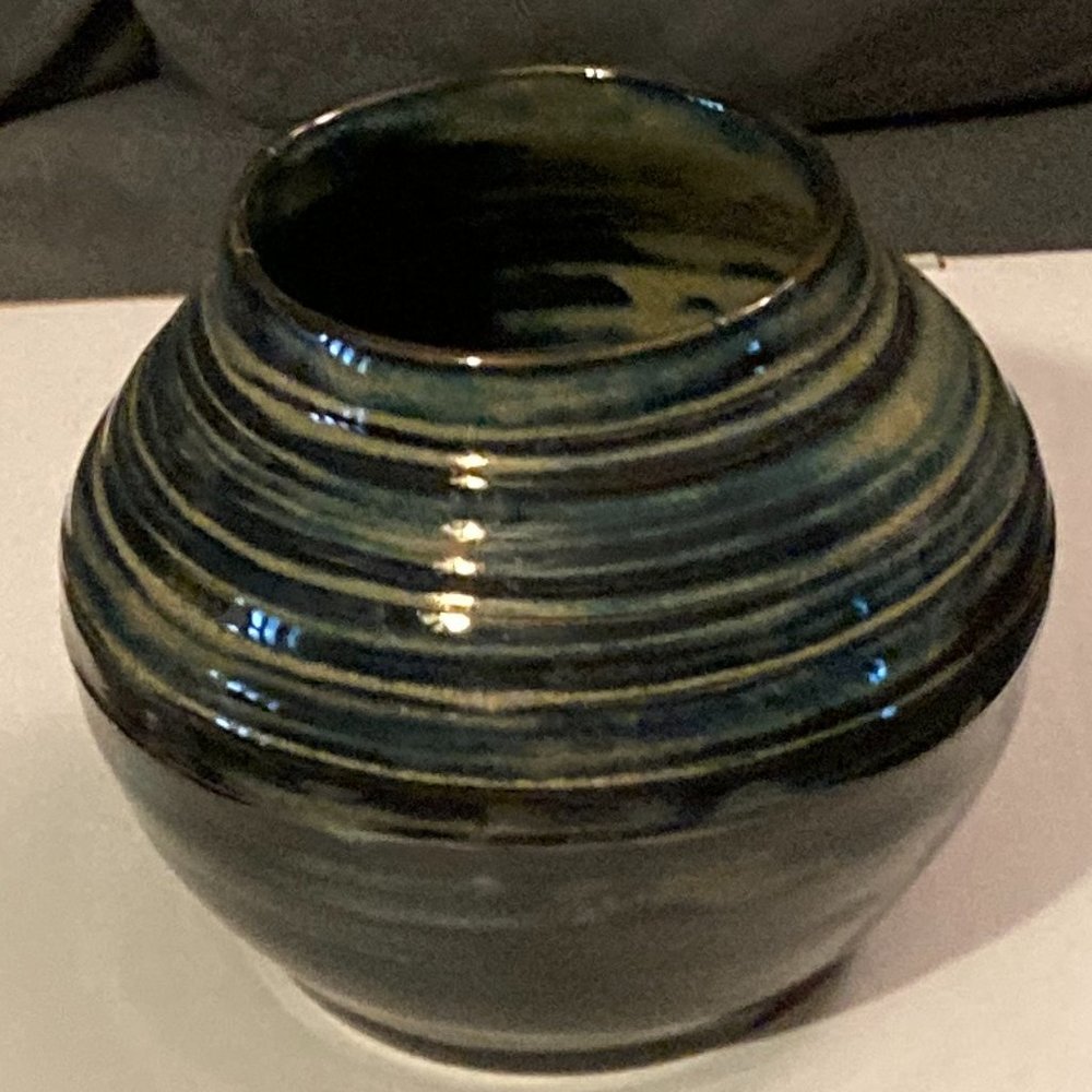 Studio Art Pottery Bud Vase or Planter-Hand Turned-Blue/Green/Black-4.5" H-EUC